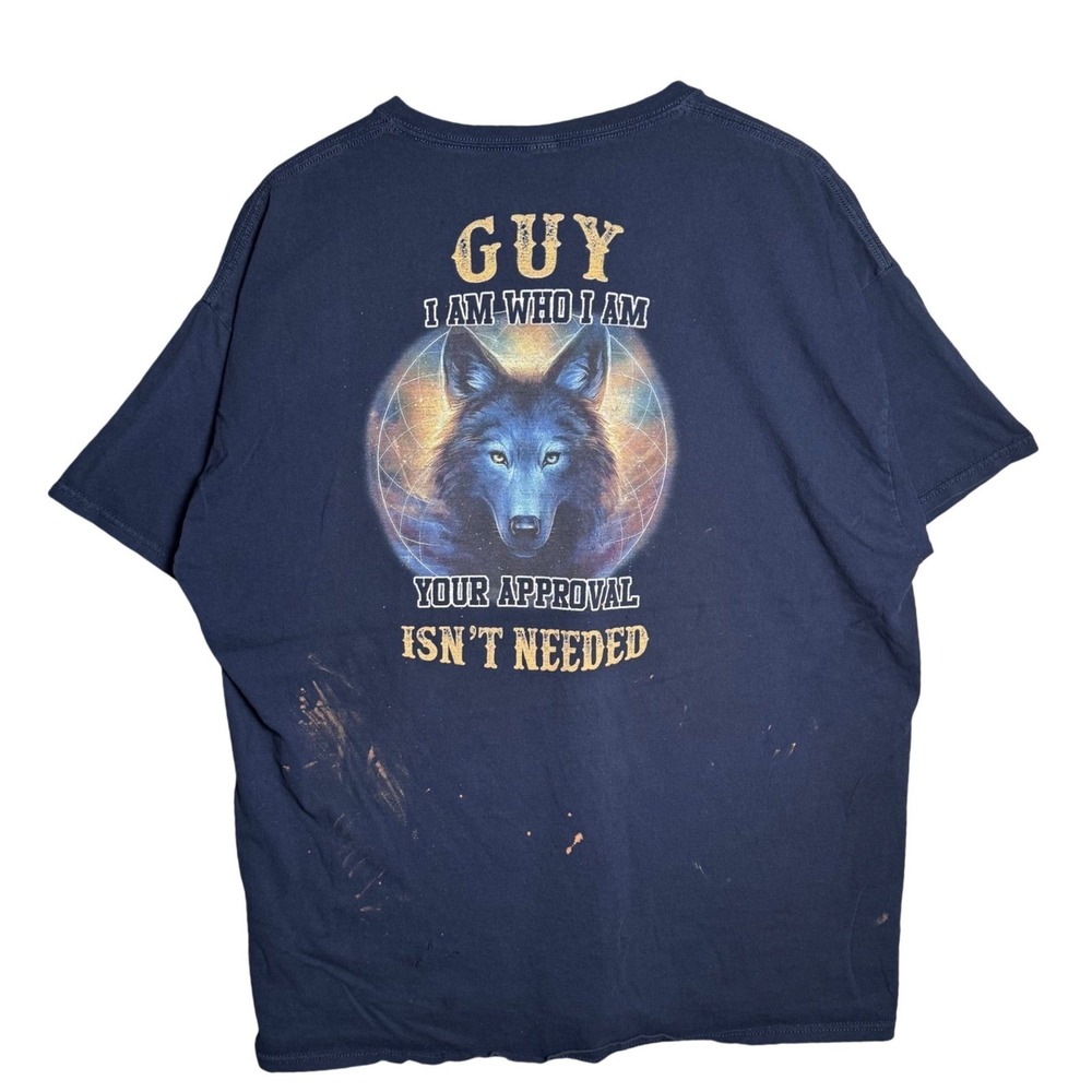 Navy Blue Wolf Graphic Tee Guy I Am Who I Am Distressed Short Sleeve T-Shirt - Picture 2 of 5